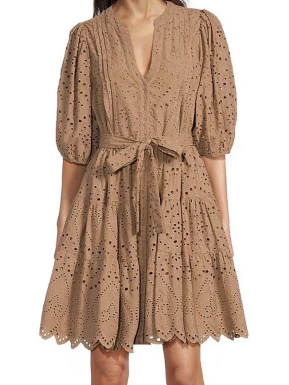 Dillards Gibson Latimer Eyelet Lace Tie Waist Midi Dress Tan Taupe Brown Balloon